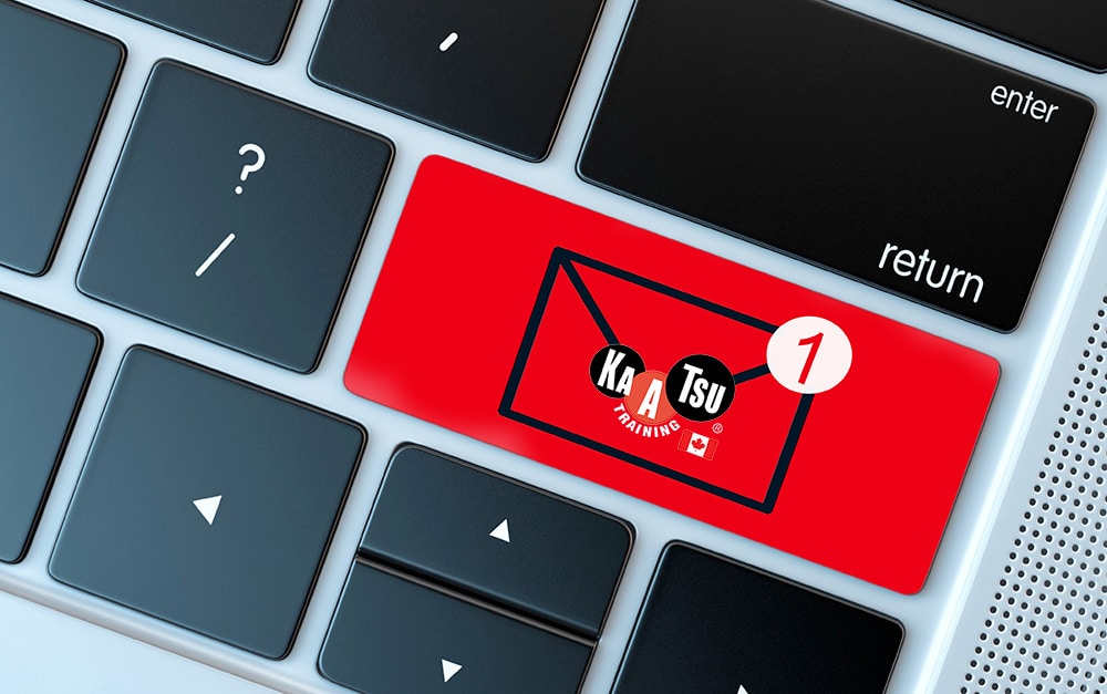 Concept of e-newsletter with shift key showing an incoming email icon with the KAATSU Canada logo on it.